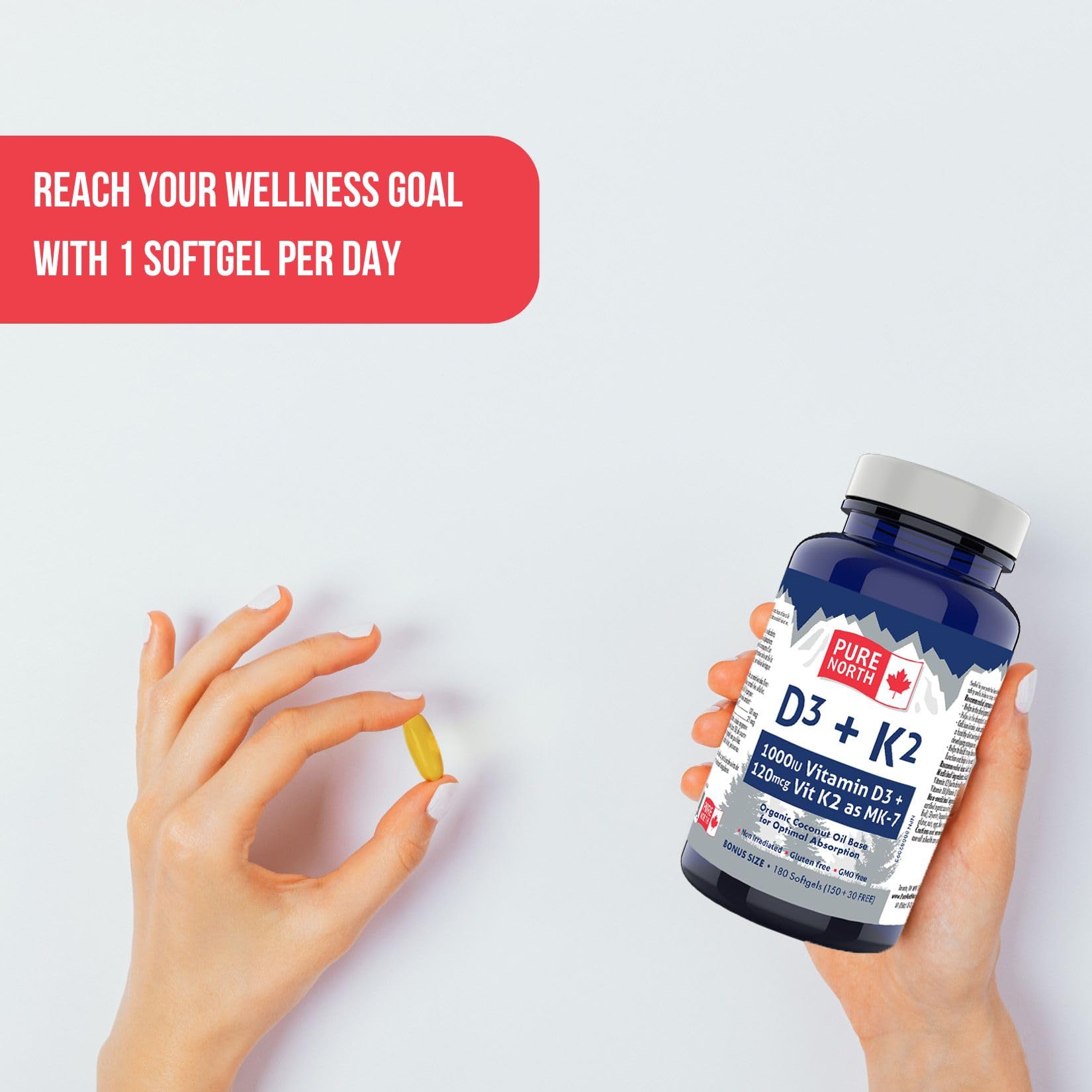 Pure North Naturals – Supplément de vitamines D3 + K2, 180 gélules (180 jours) – Santé des os et des dents – D3 1000 UI + K2 MK7 120 mcg avec huile de noix de coco biologique – Testé par des tiers – Formulé et fabriqué au Canada