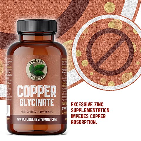 Pure Lab Vitamins - Glycinate de cuivre - Supplément minéral 1 mg 60 gélules végétales | Essentiel pour la production de collagène, le système immunitaire et la formation des globules rouges | Sans OGM, sans gluten | Formulé et fabriqué au Canada