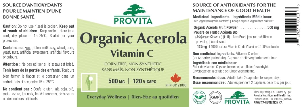 Provita Organic Acerola Vitamin C | Antioxidant Support for Good Health | Capsules