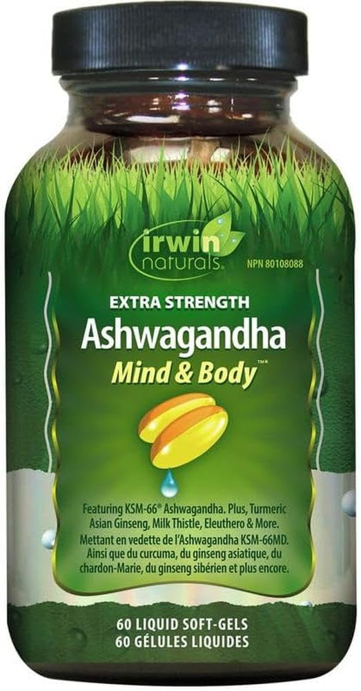 Irwin Naturals Extra Strength Ashwagandha - Organic Supplement for Stress Relief, Performance with Cordyceps, Turmeric, BioPerine & More, Best for Men and Women, 60 Liquid Softgels