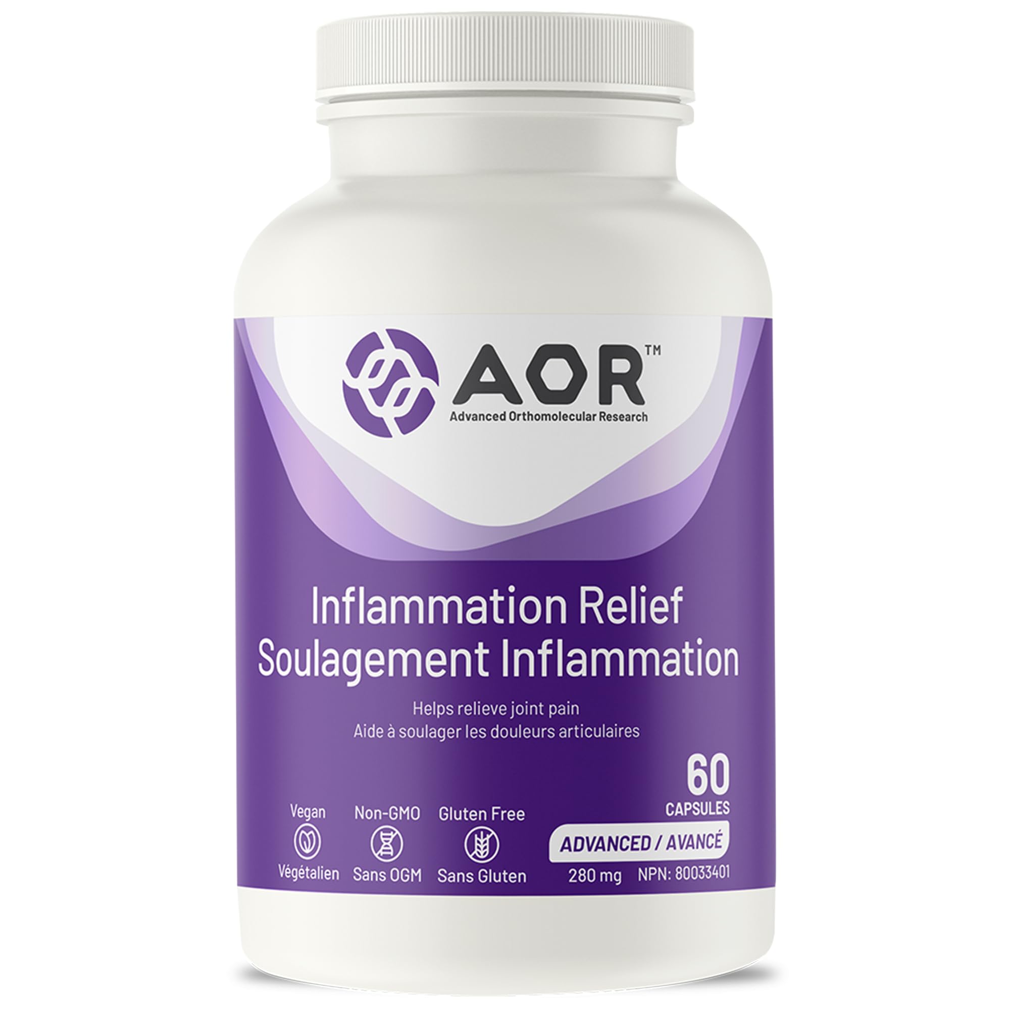 AOR Complément Soulagement de l'Inflammation 280mg, 60 Gélules pour 60 Jours - Contient Boswellia, Curcumine Longvida & Ashwagandha - Mélange de Curcuma pour le Soutien Articulaire, la Souplesse & le Confort - Végétalien et Sans OGM