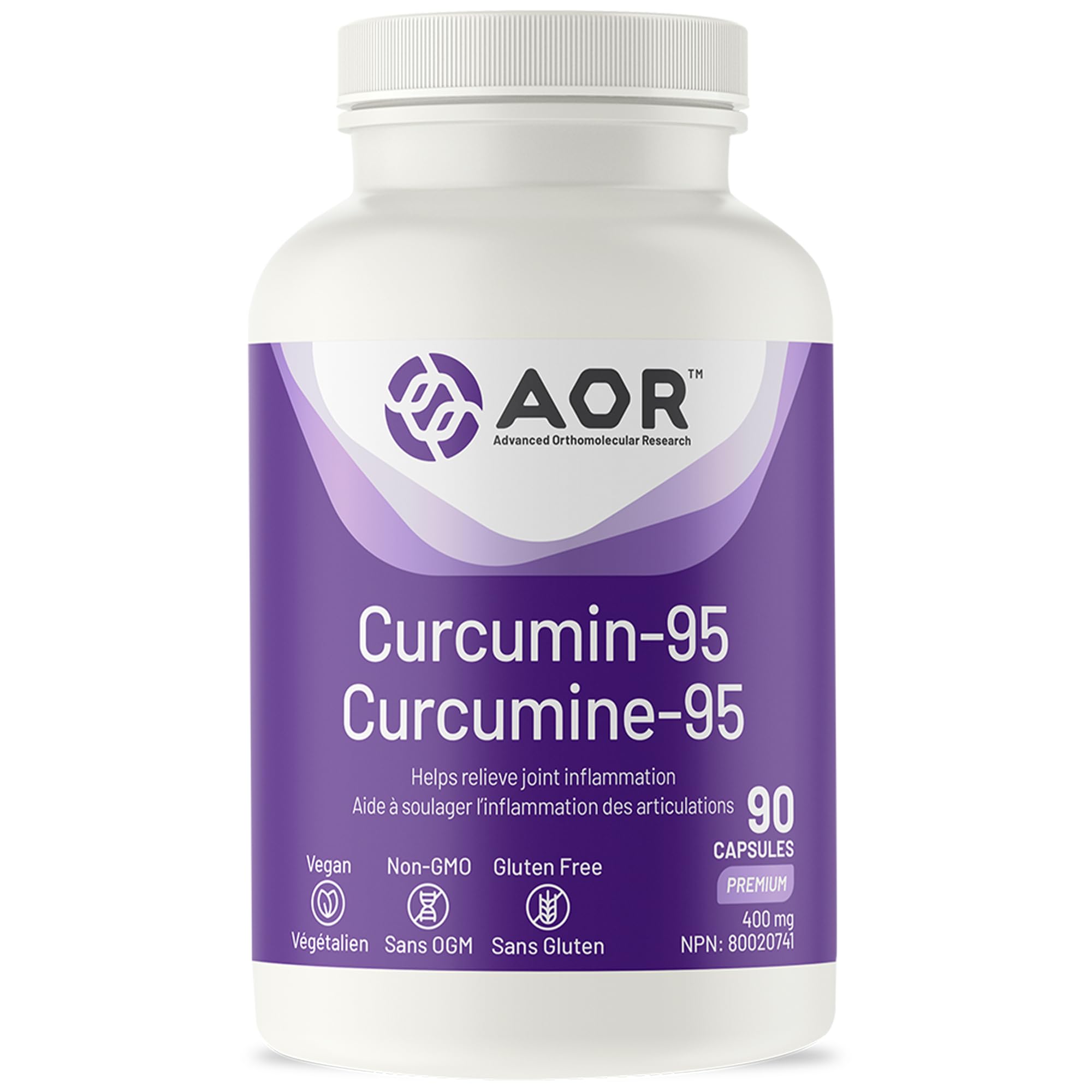 AOR Curcumine-95, 90 capsules, cure de 30 jours – Curcumine de Curcuma à haute puissance 400 mg – Supplément de curcumine sans OGM et végétalien – Riche en antioxydants naturels – Favorise le bien-être articulaire et cardiovasculaire