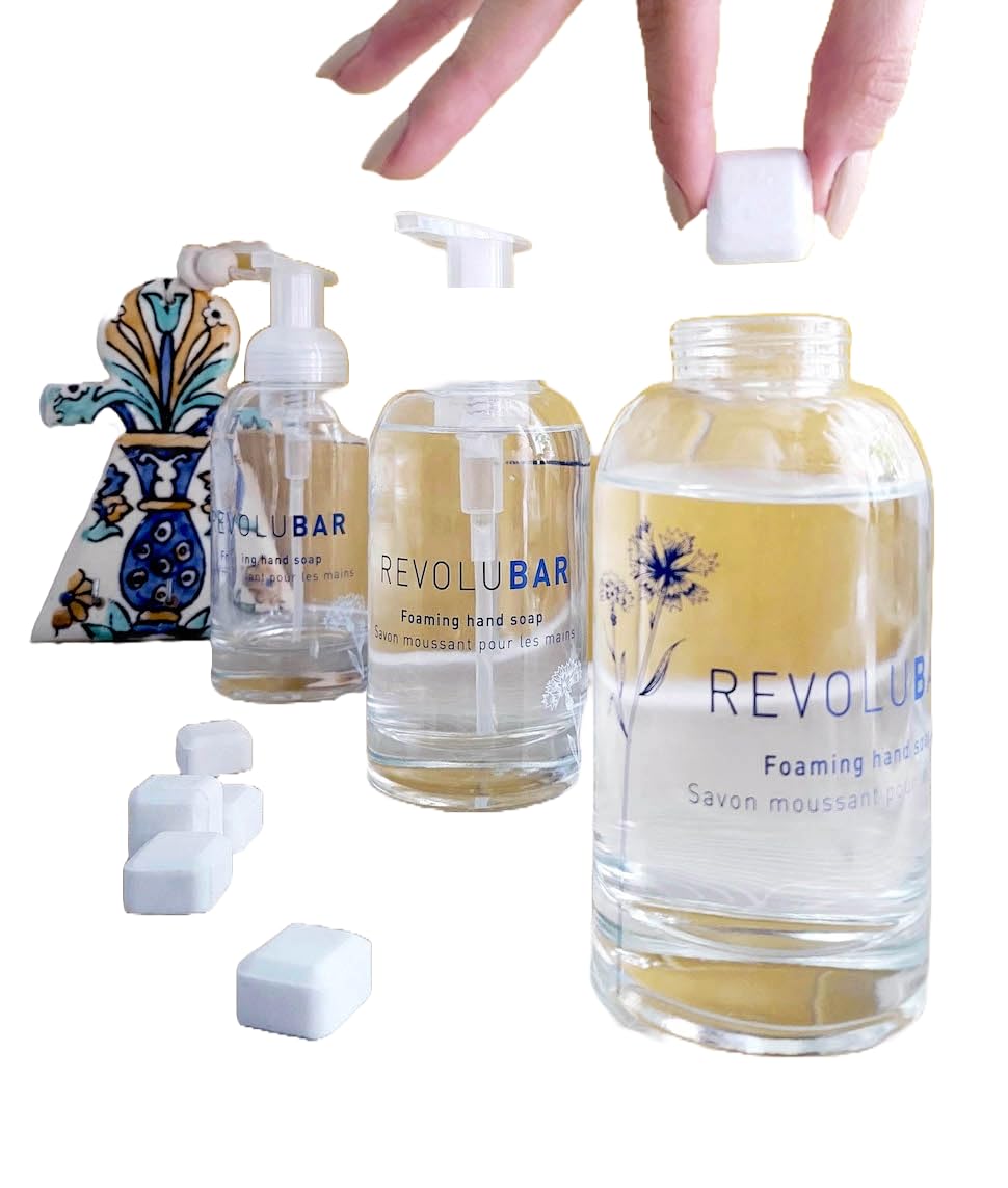REVOLUBAR Modern Foaming Soap Dispenser - Eco-Friendly Glass Foam Hand Soap Pump - Refillable Dispenser for Soap Tablets, Liquid Soap, Shampoo, Body Wash - Perfect for Kitchen and Bathroom - 500ml