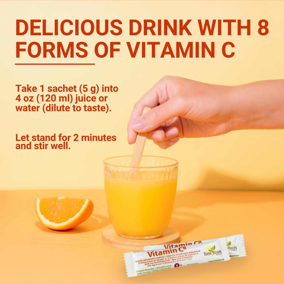 New Roots Herbal - Vitamine C8, 30 sachets pour 30 jours - Poudre à Boire Complexe Immunitaire Antioxydant - Source d'Électrolytes & Soutient la Fonction Musculaire - Moins Acide et pour les Défis Gastro-intestinaux