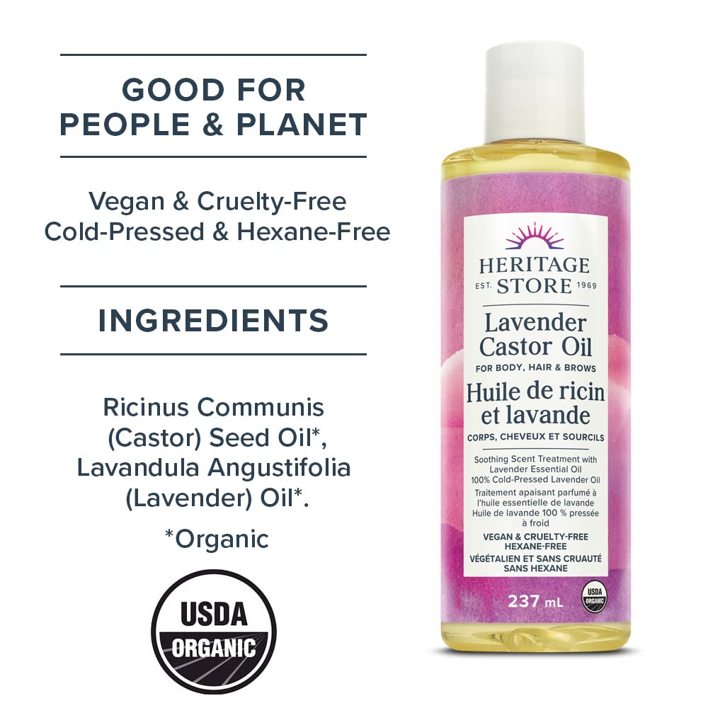 Heritage Store Palma Christi Castor Oil | Lavender | Huile de Ricin | 8oz