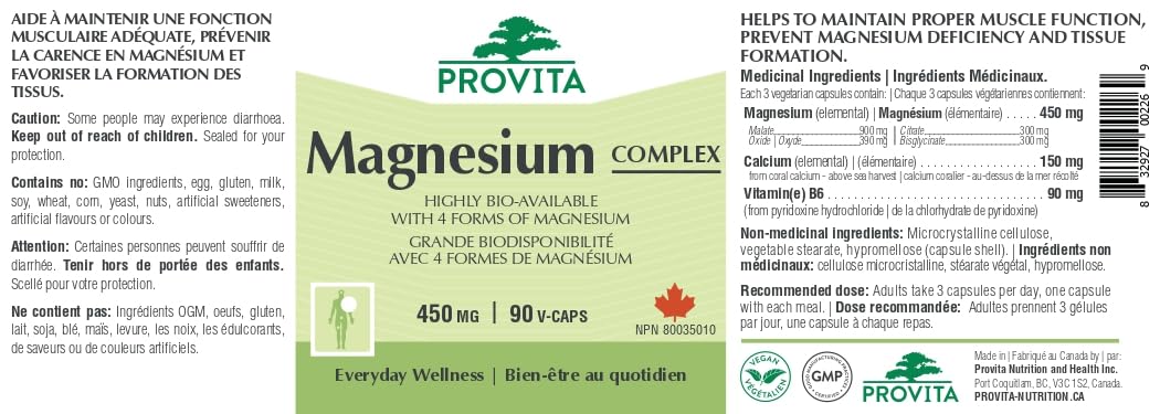 Provita Magnesium Pro™ - Formulation avancée avec 4 formes de magnésium, de la vitamine B6 et du calcium de corail. - Mélange végétalien hautement biodisponible (90 gélules)