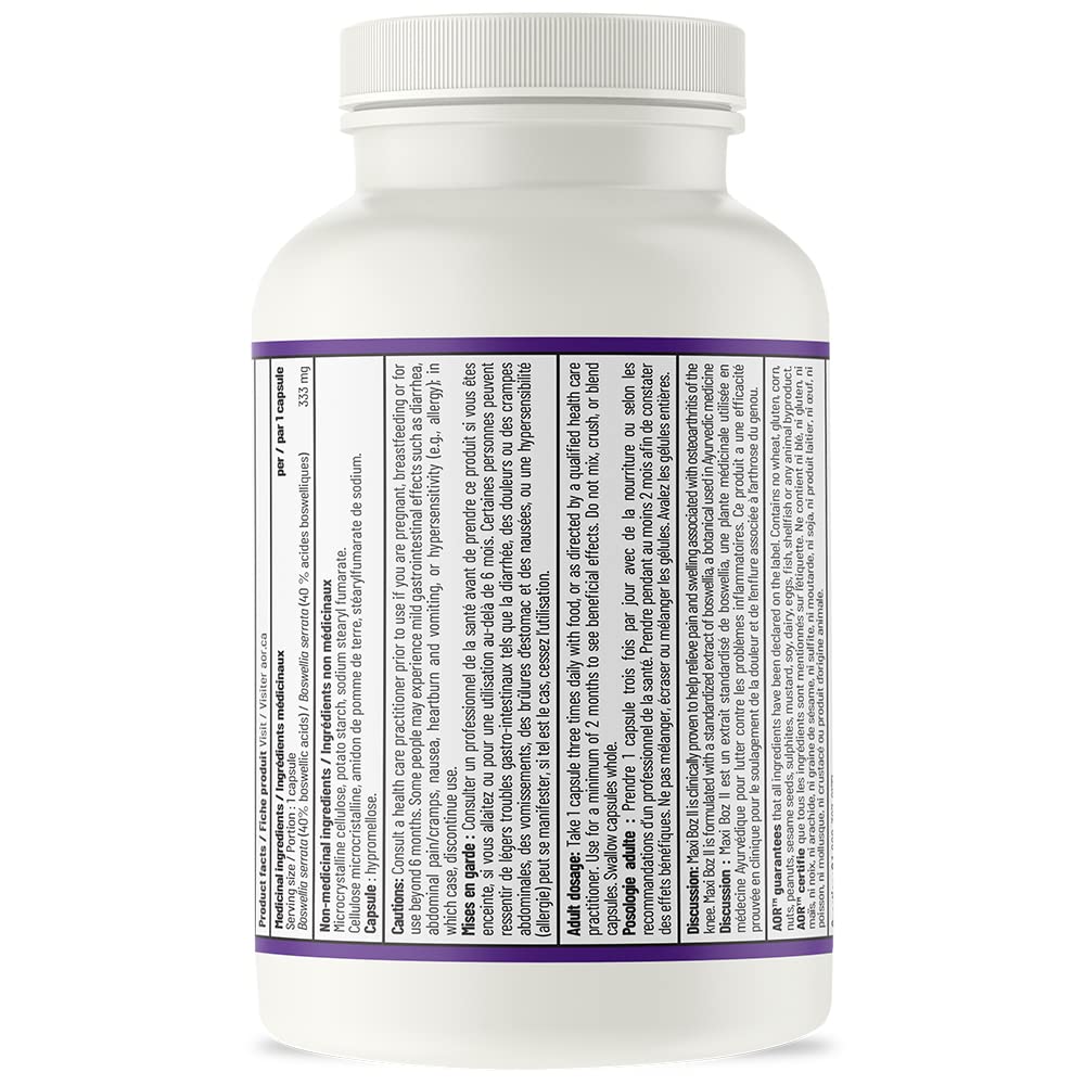 AOR - Maxi-Boz II 333mg, 90 capsules, cure de 30 jours - Extrait de Boswellia Serrata haute puissance pour le confort et la souplesse des articulations - Végétalien et sans gluten - Soutient l'amplitude des mouvements, favorise la facilité de mouvement