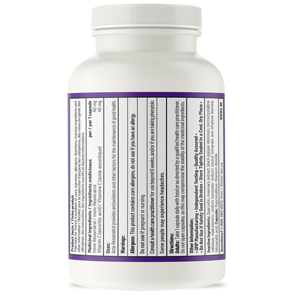 AOR Acta-Resveratrol 80mg, 90 Caps 90-Day Supply - Trans-Resveratrol Supplement with Quercetin - Vegan, Non-GMO & Gluten-Free Formula - Antioxidant Support - Promote Vitality, Natural Defense & Energy