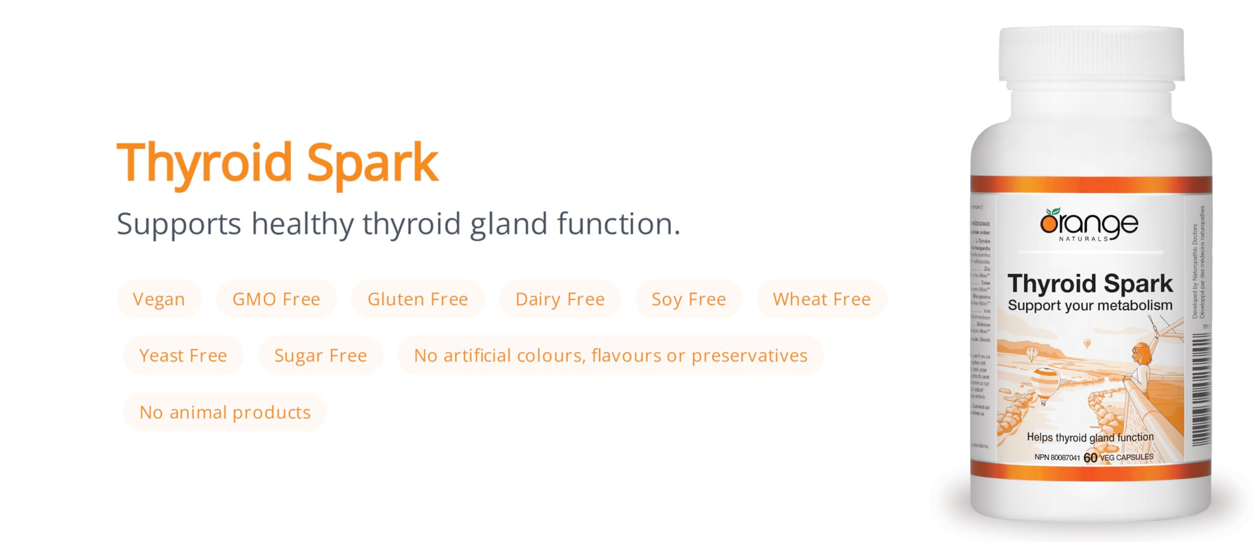Orange Naturals - Thyroid Spark, 60 gélules (30 jours) - Soutient la fonction saine de la glande thyroïde et votre métabolisme - Prévient la carence en iode - Antioxydant pour combattre les dommages oxydatifs