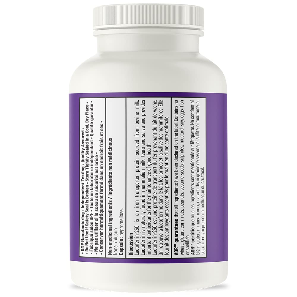 AOR Lactoferrin 250mg, 60 Capsules 60-Day Supply - Supports Balanced Iron Levels & Antioxidant Properties - Non-GMO Vegetarian Formula for Energy, Vitality & Strong Bones, Promotes Iron Utilization