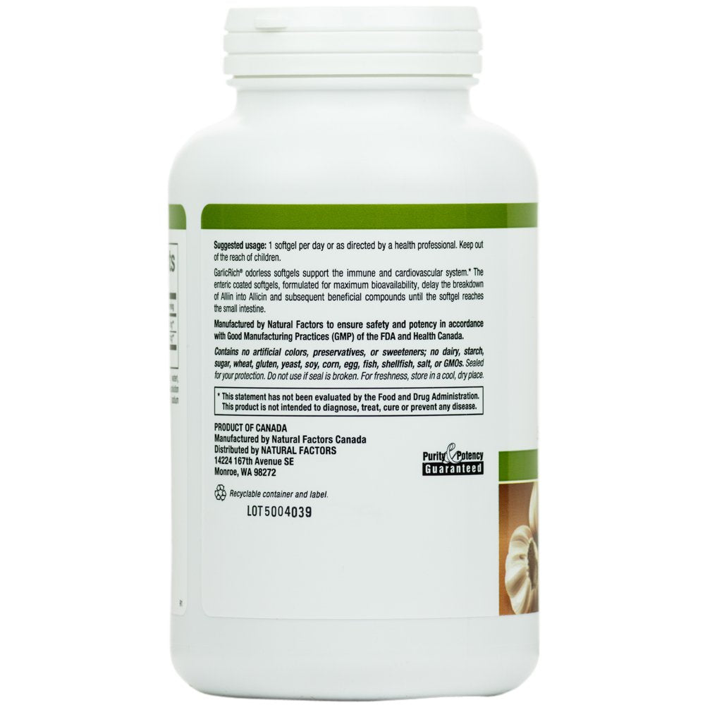 Natural Factors, Garlic Rich, Super Strength Garlic Concentrate, 500 mg, 180 Enteric Coated Softgels by Natural Factors