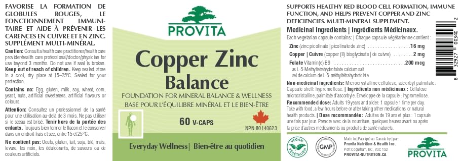 Provita Équilibre Cuivre Zinc | Supplément de zinc et de cuivre avec folate actif | Soutien immunitaire, défense antioxydante et métabolisme énergétique | Capsules végétaliennes sans OGM | NPN 80140623