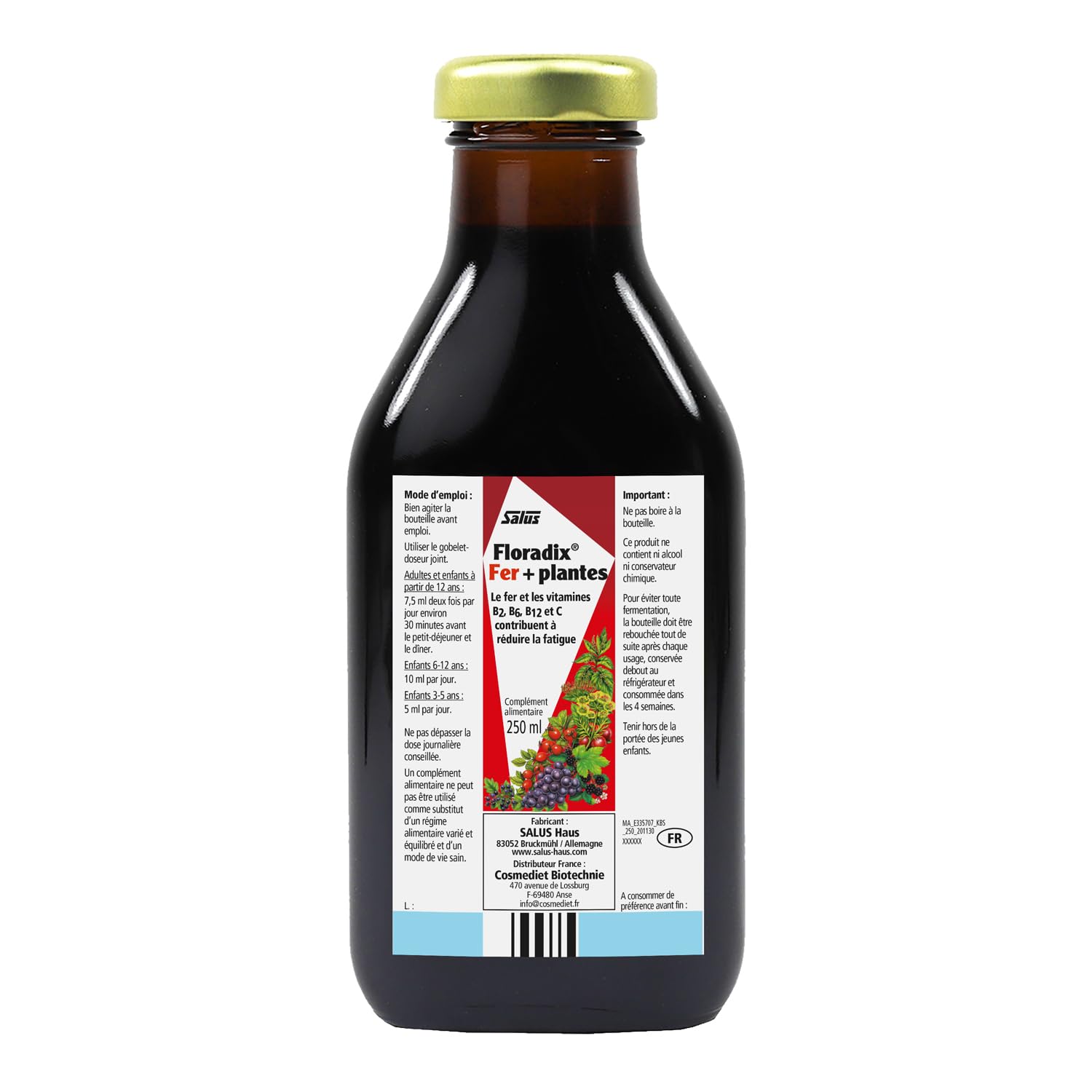 Salus Floradix Fer et Vitamines Liquide | Complément Herbal de Fer pour Femmes, Hommes et Enfants | Végétarien, Sans Produits Laitiers & Sans OGM (250ml)