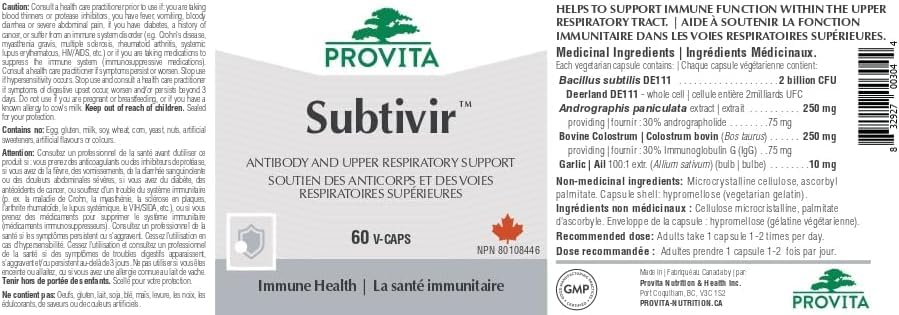 Provita Subtivir™ : Stimulateur immunitaire supérieur pour les voies respiratoires - Stimule la production d'anticorps et cible les agents pathogènes respiratoires (60 gélules)