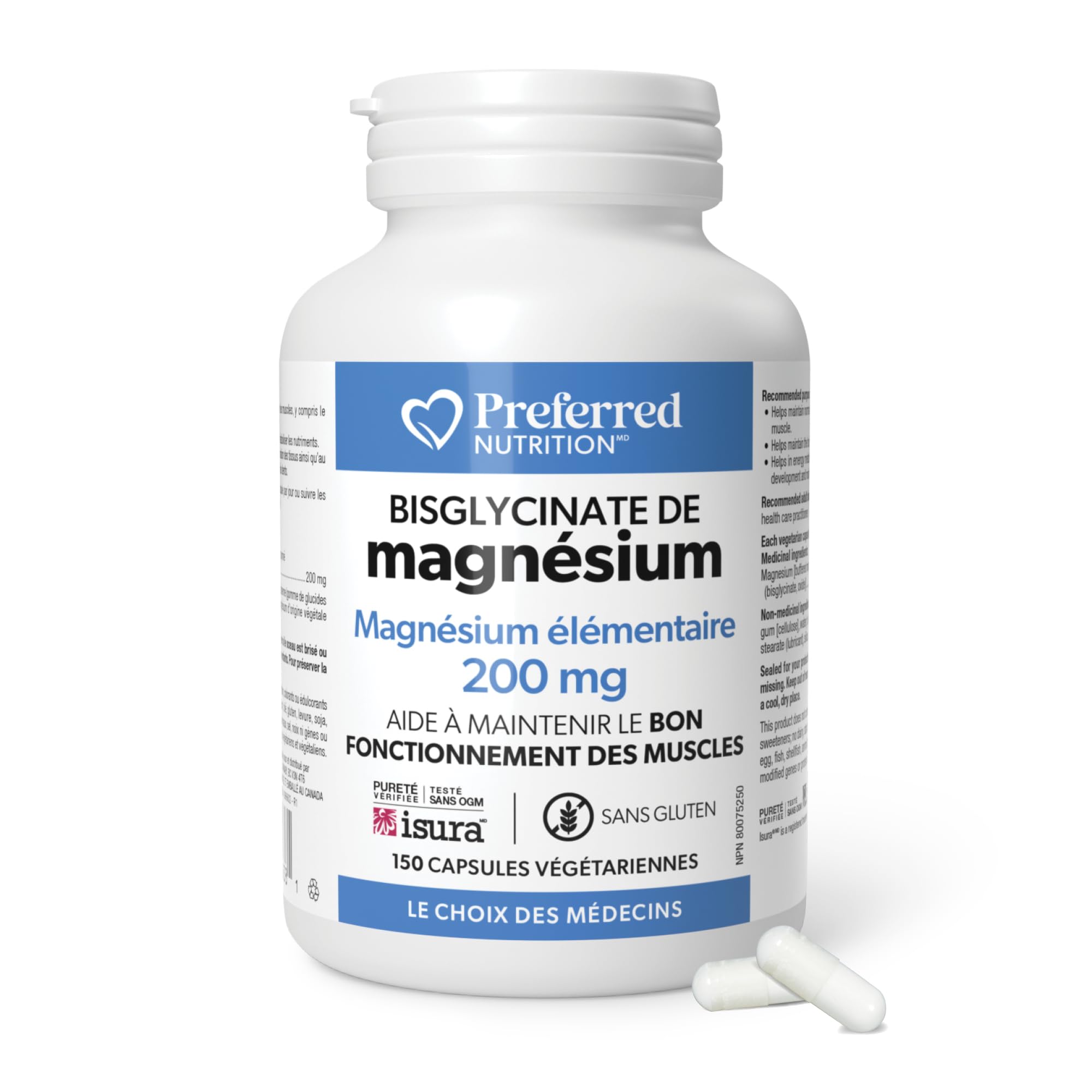 Preferred Nutrition Magnesium Bisglycinate 200 mg, Veg Caps, Elemental Magnesium, Maintains Proper Muscle Function, Proudly Canadian
