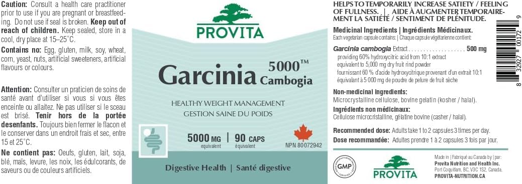 Garcinia Cambogia 5000™ (Réduit l'appétit) par Provita Nutrition (Fabriqué au Canada) 90 Gélules.