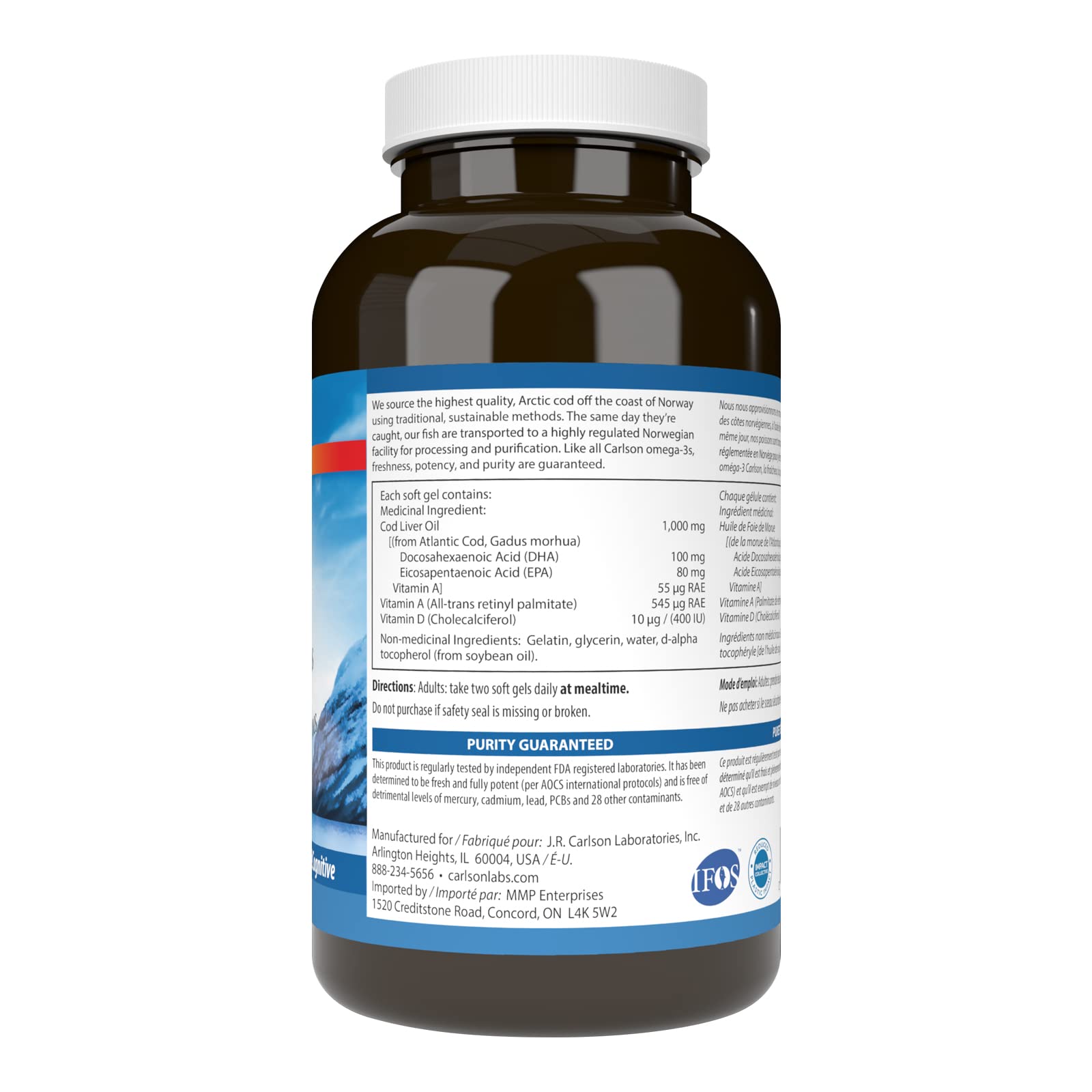 Carlson - Huile de foie de morue, Super 1000 mg, 250 mg Oméga-3 + Vitamines A et D3, Huile de foie de morue arctique norvégienne sauvage, approvisionnement durable