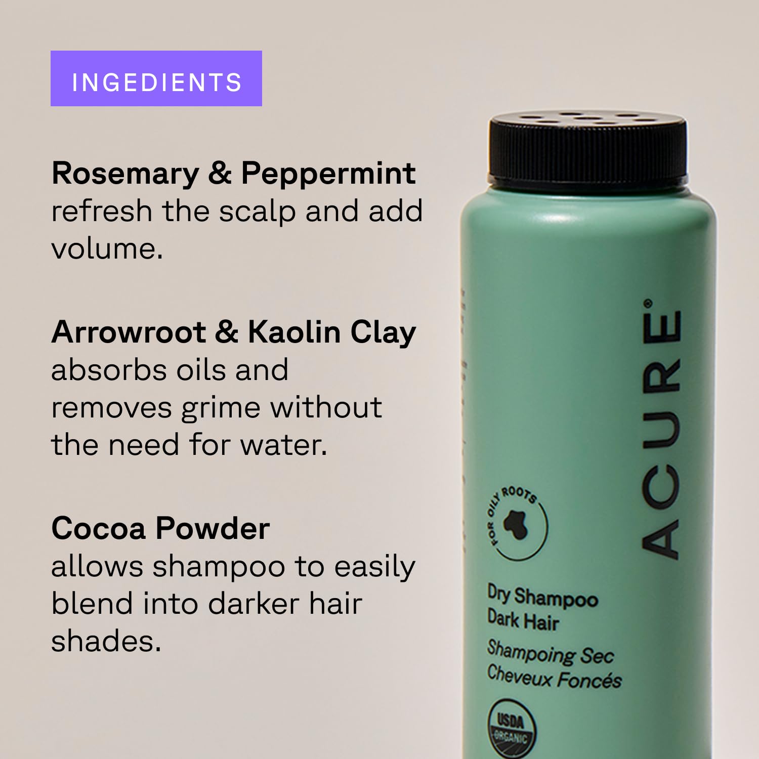 Acure Dry Shampoo - Mini Powder Dry Shampoo for Women with Brunette & Dark Hair, Care to Refresh Treated Color Tinted Hair with Rosemary & Cocoa, Non Aerosol, Clean, 100% Vegan, Travel Size