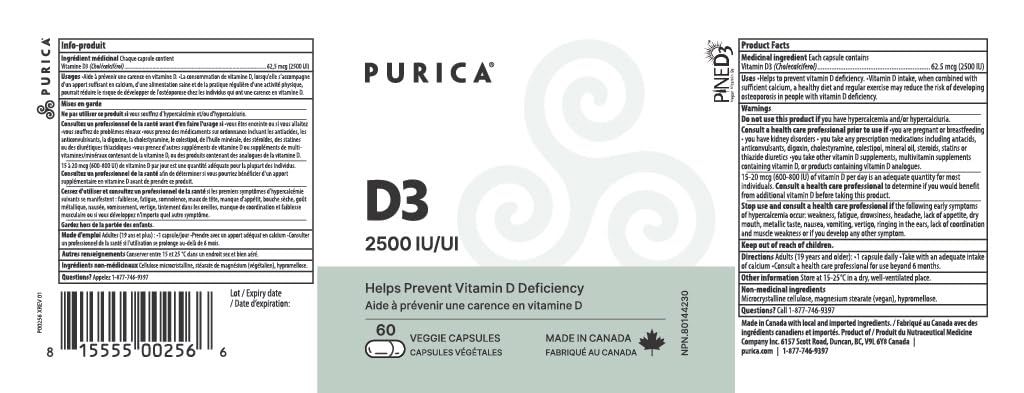 Purica Pine D3 Vitamin D3 2500 IU Plant-Based, 60 Veggie Capsules