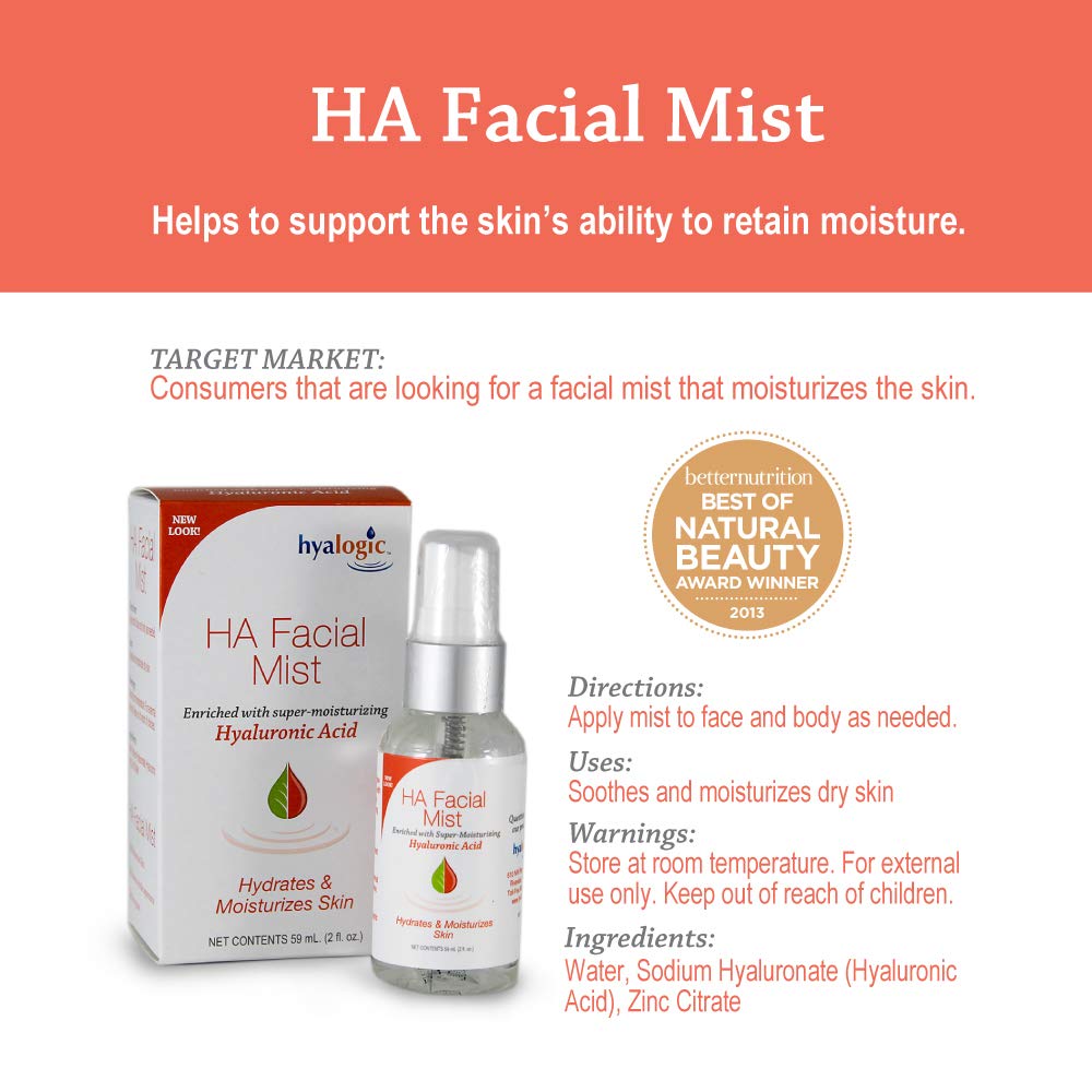 Hyalogic - Brume Visage à l'Acide Hyaluronique en Spray 59ml - Enrichie en Super Hydratant - Hydrate et Humidifie la Peau - Raffermit la Peau, Soutient l'Élasticité et l'Hydratation de la Peau - Convient aux Vegans