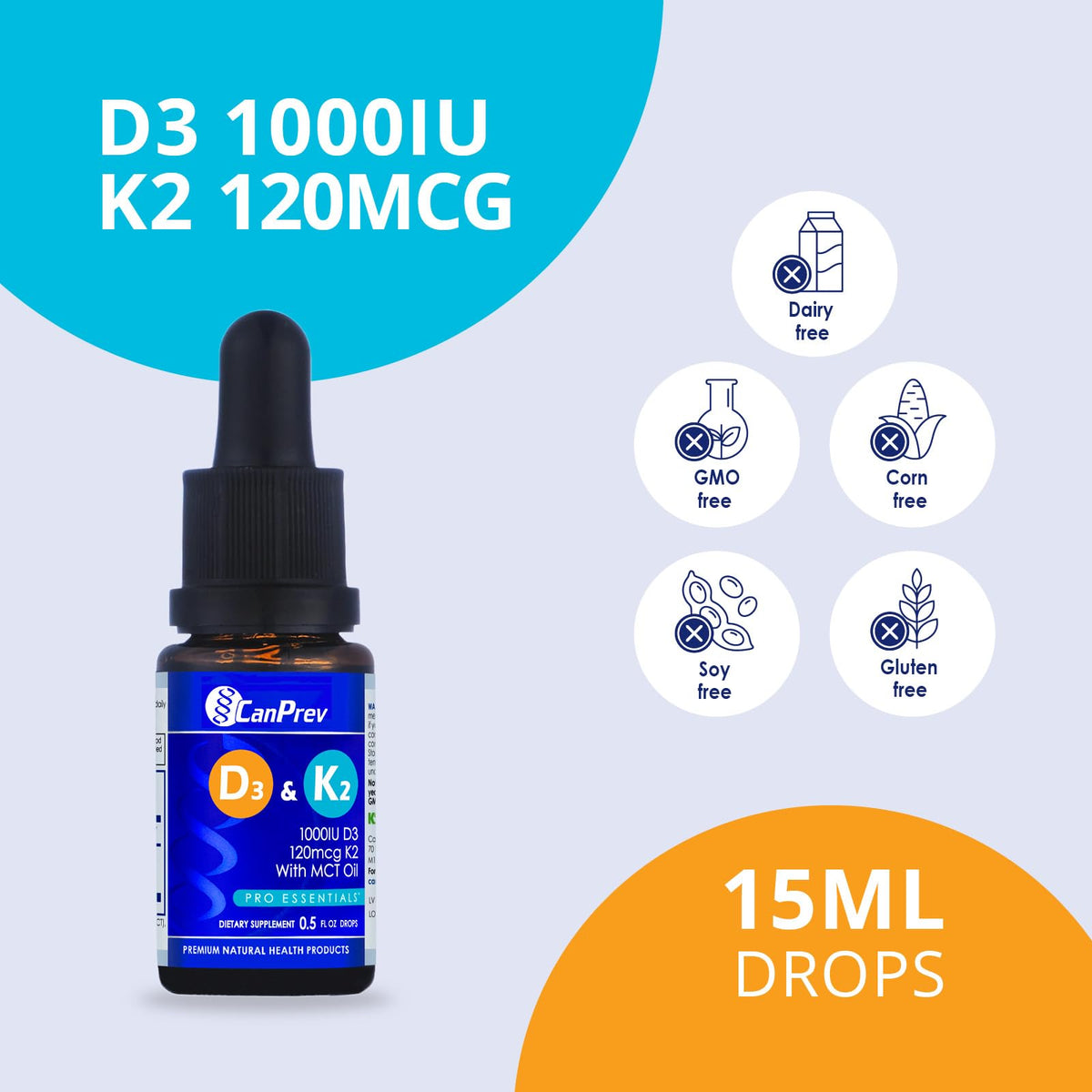 CanPrev Vitamin D3 K2 Drops, MCT Base, Unflavoured, 15 ml, 112 Servings