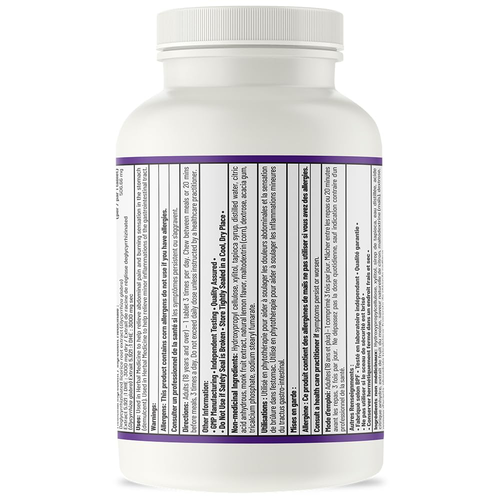 AOR DGL Deglycyrrhizinated Licorice Root 507mg, 90 Chewable Tablets, Lemon Flavour, 1-Month Supply, Supports Stomach Comfort & Enjoyable Digestion, Vegan, Gluten-Free, Non-GMO, Tasty & Gentle Formula