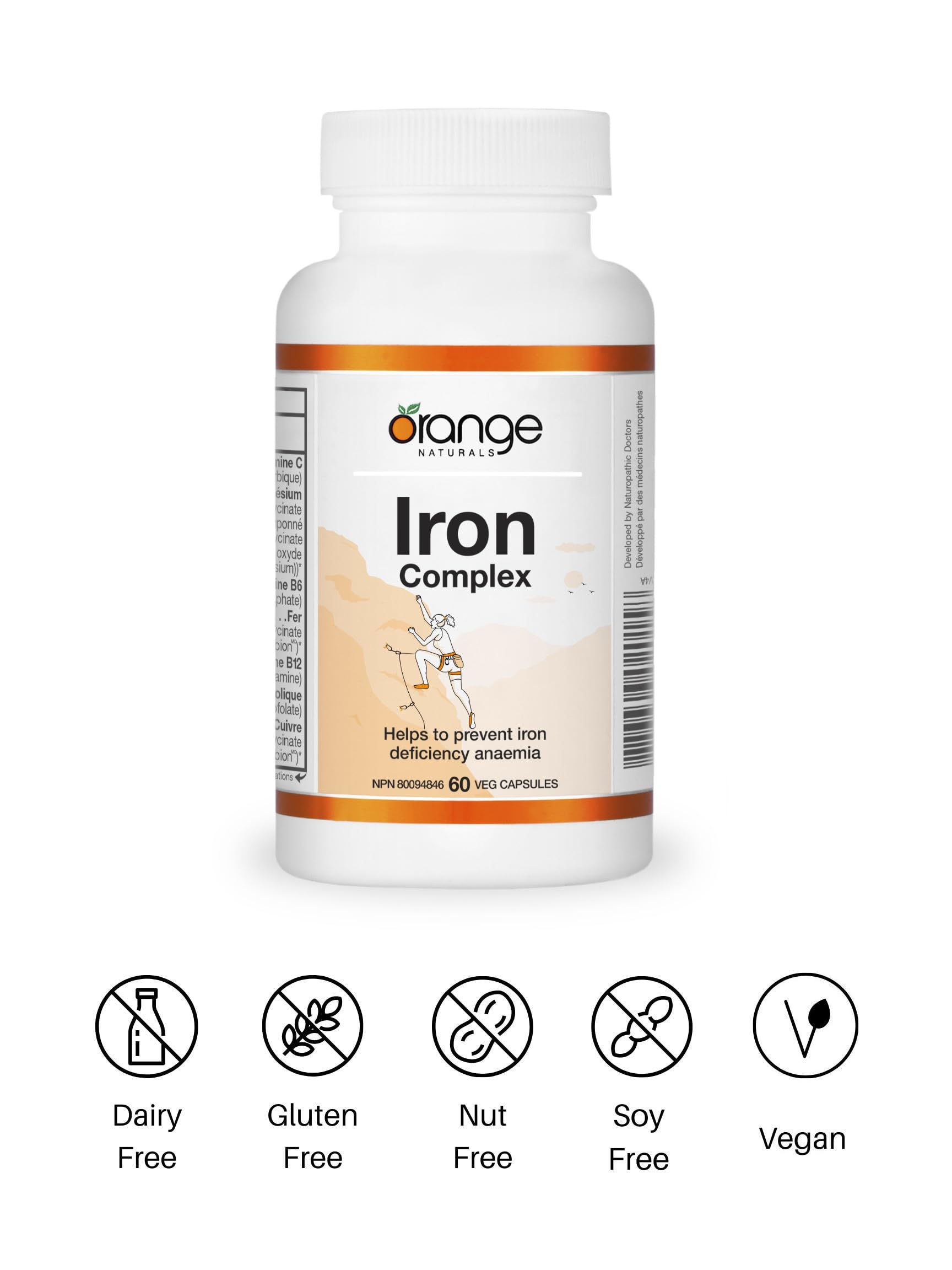 Orange Naturals Complexe de Fer, 60 capsules végétales, pour 60 jours - Végan, sans OGM, sans soja et sans gluten - Bisglycinate de fer doux avec vitamine C, B6, B12 et acide folique, complément de fer facile à digérer