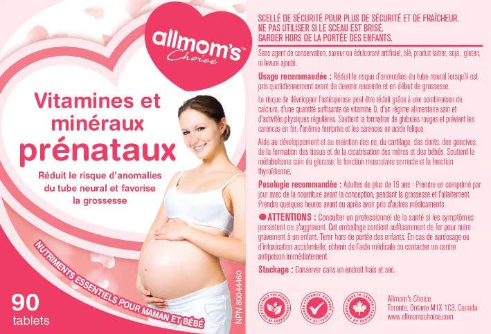 Vitamines prénatales avec 1000mcg de folate (acide folique), vous prépare à la conception et à la grossesse, 23 vitamines et minéraux, incluant fer, calcium, vitamine D, biotine – Approvisionnement de 90 jours - Allmom's Choice