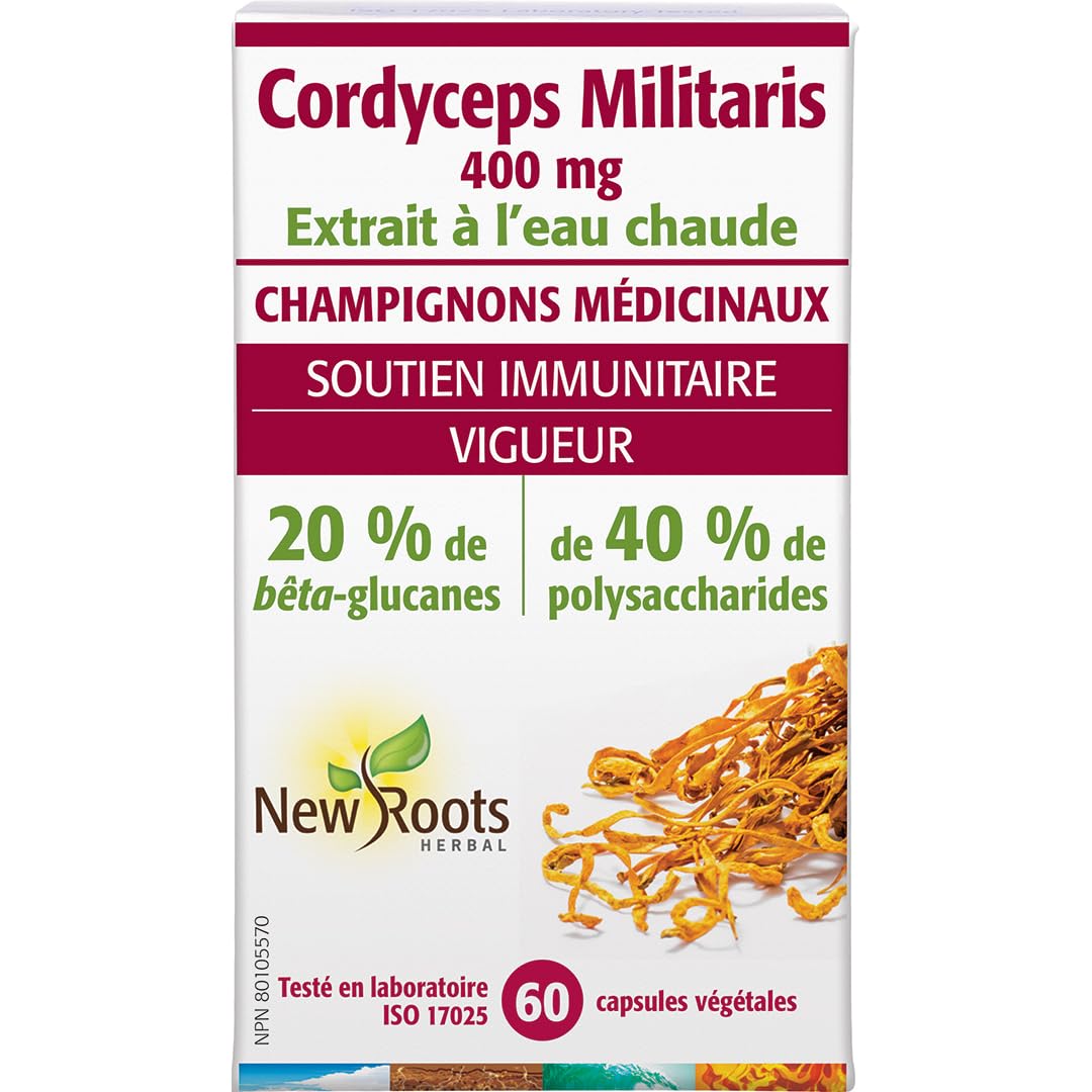 New Roots Herbal Cordyceps Militaris 400mg, 60 Veg Capsules 30-Day Supply - Hot-Water Extract, 20% Beta-Glucans from 40% Polysaccharides, Mushroom Supplement for Energy, Endurance & Vitality, Non-GMO