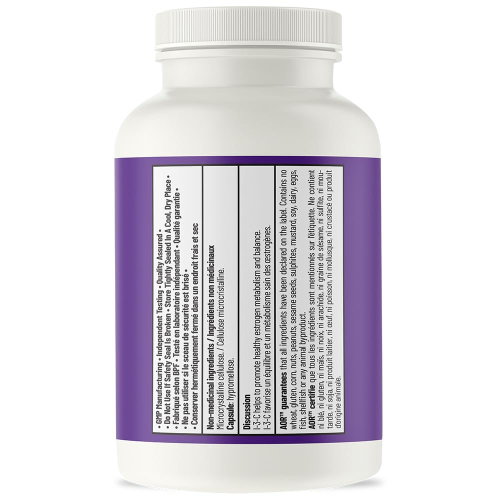 AOR Indole-3-Carbinol I-3-C 200mg 60 capsules — Approvisionnement de 60 jours — Soutien à l'équilibre des œstrogènes pour les femmes, favorise la clarté de la peau et la santé hormonale, bienfaits antioxydants — Végétalien, sans OGM et sans gluten