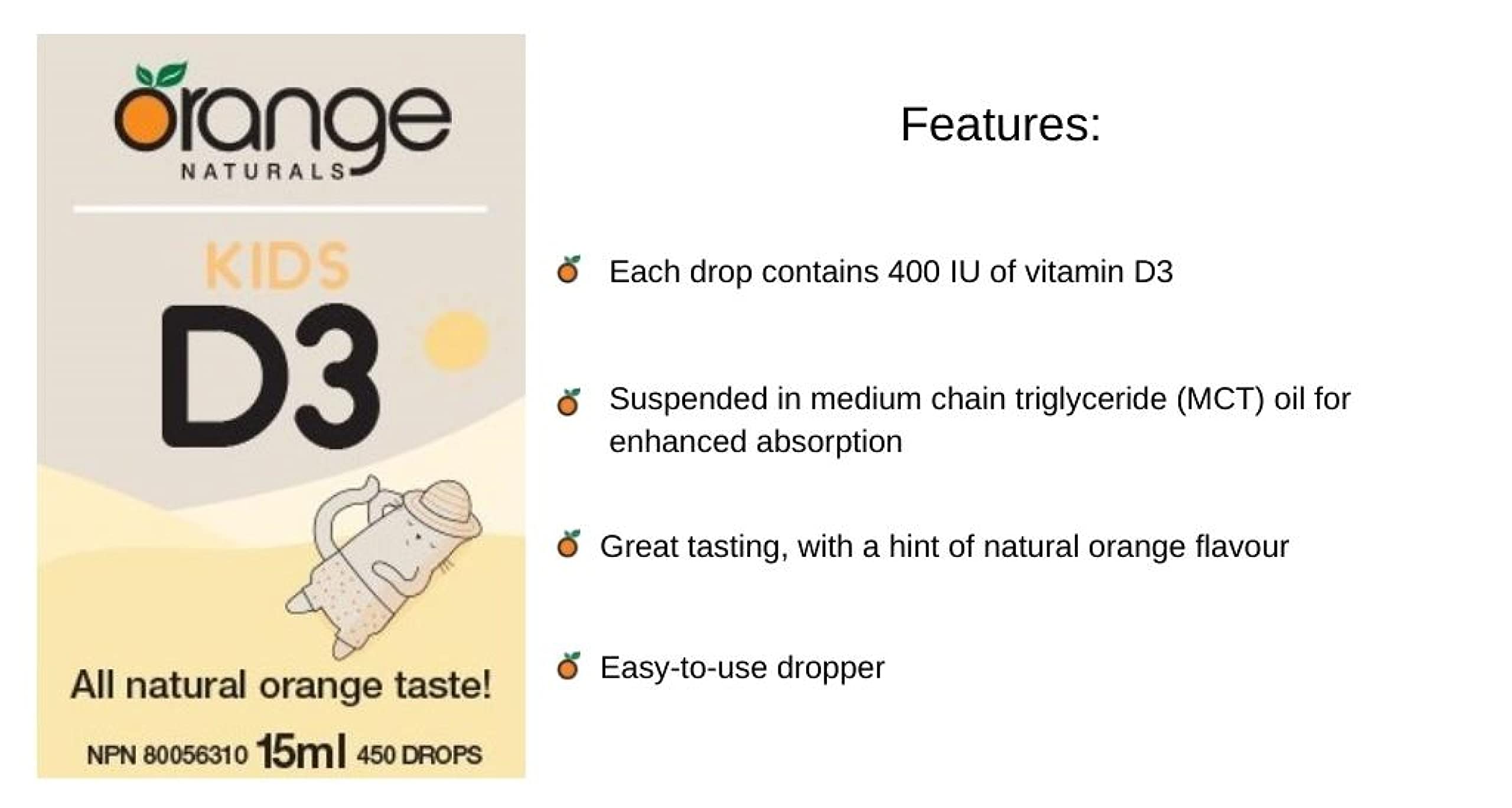 Orange Naturals - Gouttes de vitamine D3 - Saveur naturelle d'orange liquide - 400 UI pour enfants - 15 ml - Gouttes liquides de cholécalciférol vitamine D3 - Soutien pour la santé des os, des dents et du système immunitaire