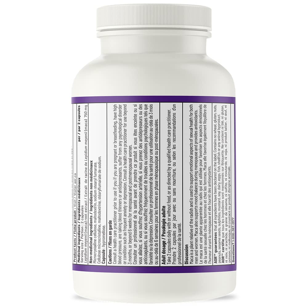 AOR Maca Root Supplement, Menopause Support, 180 Capsules, 90 Day Supply