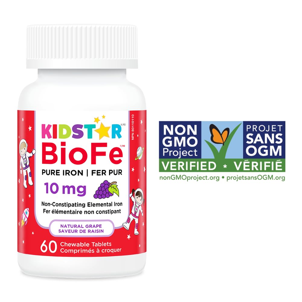 Kidstar Nutrients - BioFe Pure Iron 10mg, 60 Chewable Tablets 60-Day Supply - Natural Grape Flavour - Helps to Prevent Iron Deficiency Anemia - Non-Constipation - Vegan, Non-GMO, Gluten and Sugar-Free