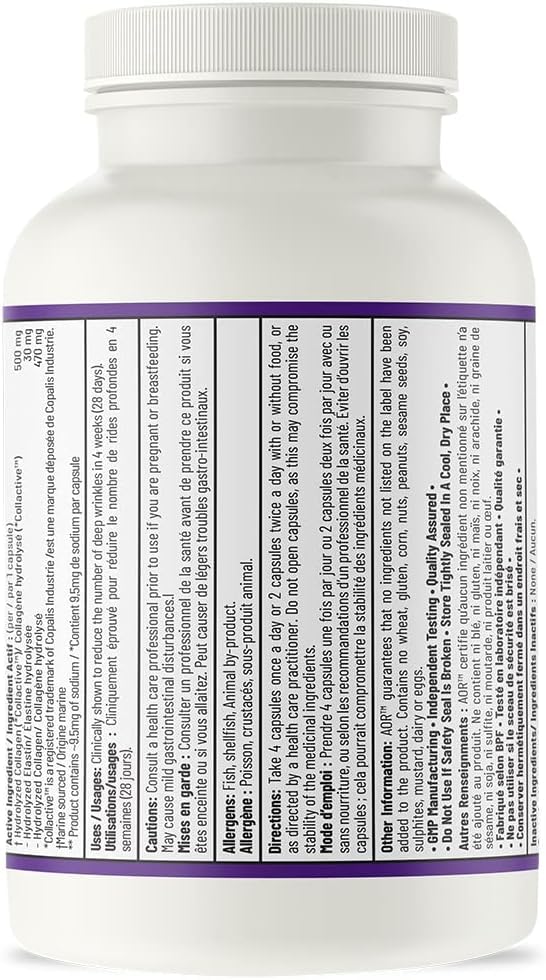 AOR Collagen Lift 500mg, 120 gélules, cure de 30 jours – Complément de collagène marin hydrolysé, favorise une peau lisse et des articulations souples, améliore l'élasticité et l'hydratation de la peau – Sans gluten et sans OGM