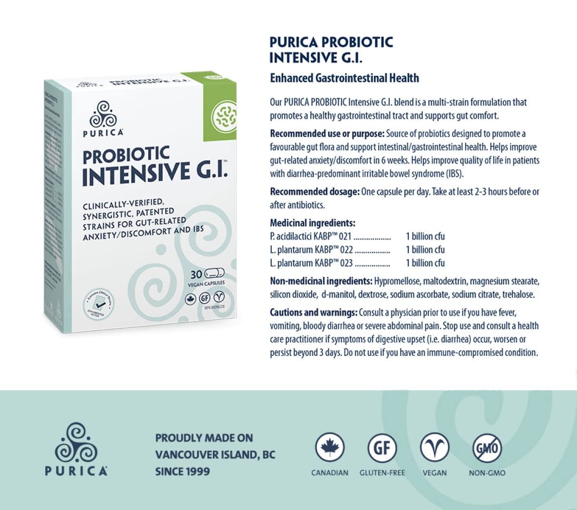 PURICA Probiotic Intensive GI 30 Vegan Capsules, 30-Day Supply, Support Digestive Balance, Comfort and Regularity, Probiotic Strains for Optimal Gut Flora, Help Reduce Occasional Bloating, Gluten-Free