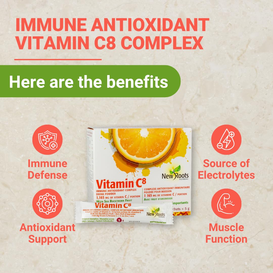 New Roots Herbal - Vitamine C8, 30 sachets pour 30 jours - Poudre à Boire Complexe Immunitaire Antioxydant - Source d'Électrolytes & Soutient la Fonction Musculaire - Moins Acide et pour les Défis Gastro-intestinaux