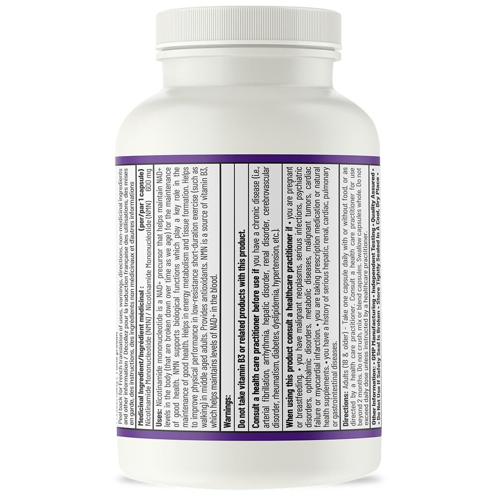 AOR NMN 600mg Supplement, Made in Canada, Vegan, 60 Capsules, 60 Day Supply