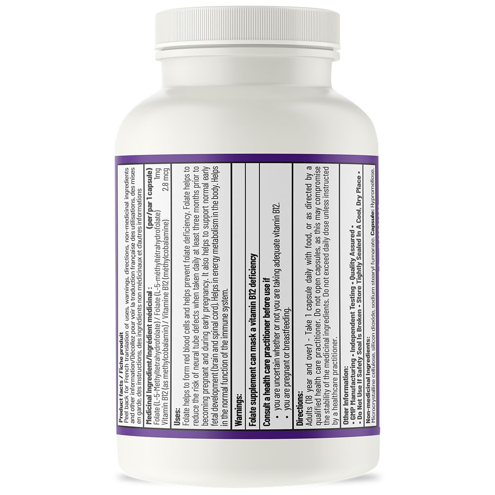 AOR BioFolate 1mg Méthylfolate 5-MTHF Plus Supplément B12, végétalien, sans OGM et sans gluten, Vitamine B9 Folate active, Méthyl B12 pour le soutien cardiovasculaire et le bien-être nutritionnel