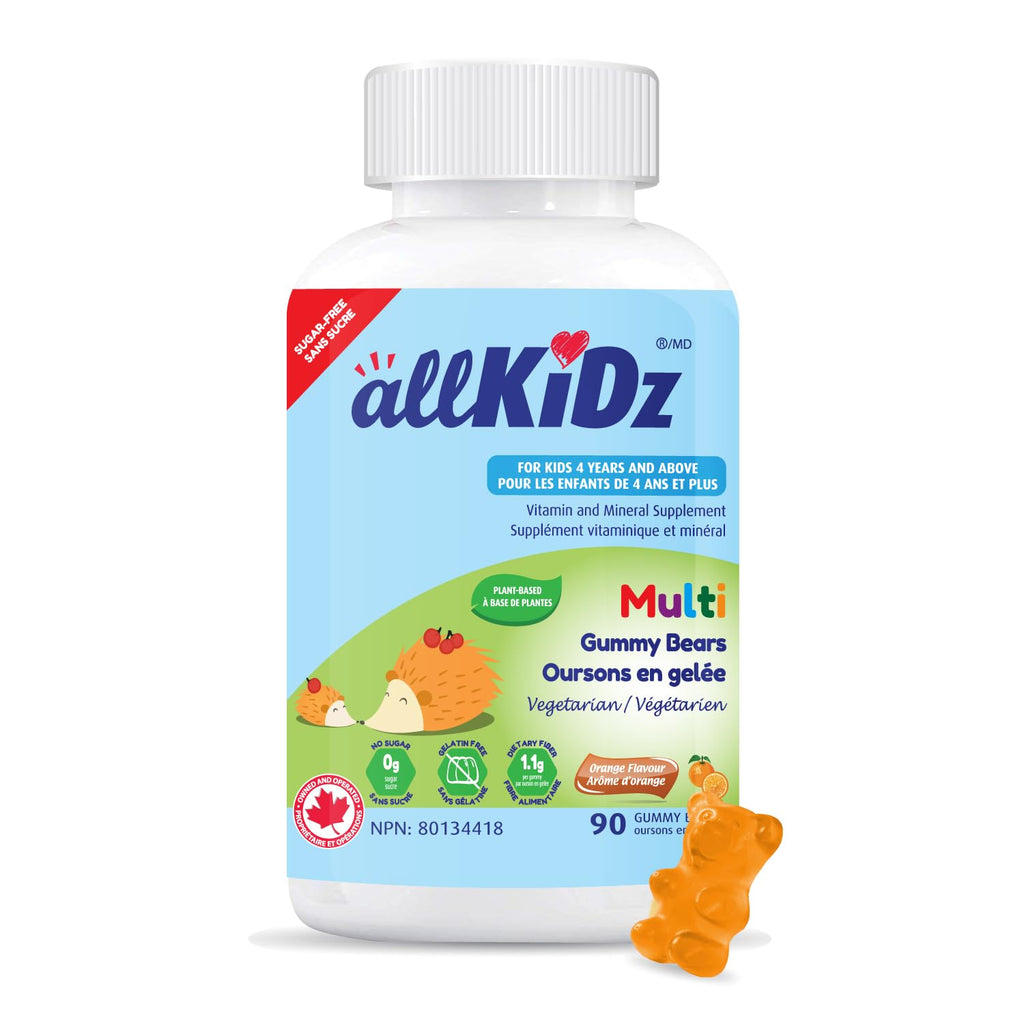 allKiDz Multivitamin Gummy Bears for Kids Children, Made in Canada, Plant-Based, Sugar-Free, Gelatin-Free, Complete Multi Vitamin Mineral Supplement, 11 Essential Nutrients Including Folate, Vitamin A, B, C, D3, E and Zinc for Immune Health, Natural Orang