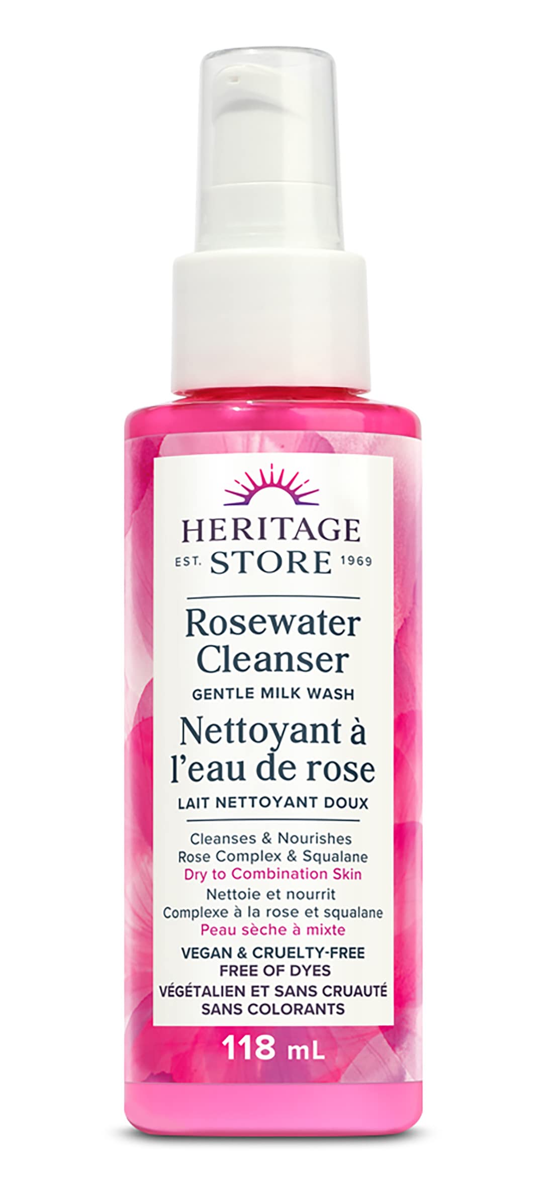 HERITAGE STORE - Nettoyant à l'eau de rose | Lait lavant doux | Purifie et nourrit | Complexe de rose et squalane | Vegan et non testé sur les animaux | Sans colorants | Peaux sèches à mixtes | 118 ml, transparent
