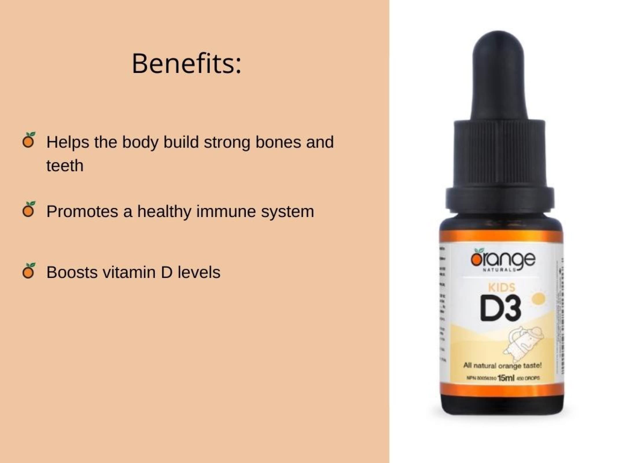 Orange Naturals - Gouttes de vitamine D3 - Saveur naturelle d'orange liquide - 400 UI pour enfants - 15 ml - Gouttes liquides de cholécalciférol vitamine D3 - Soutien pour la santé des os, des dents et du système immunitaire