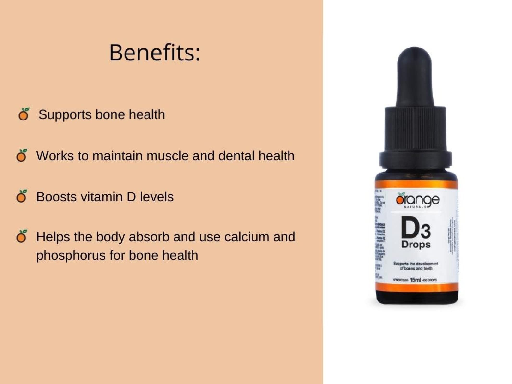 Orange Naturals - Gouttes de vitamine D3 - Saveur naturelle d'orange liquide - 400 UI pour enfants - 15 ml - Gouttes liquides de cholécalciférol vitamine D3 - Soutien pour la santé des os, des dents et du système immunitaire