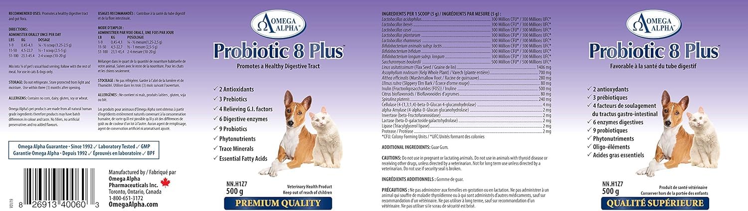 Omega Alpha Probiotic 8 Plus Poudre pour Chiens et Chats, Probiotiques pour Chiens - Soutient la Santé Intestinale, Améliore le Bien-être Digestif, la Santé des Yeux, des Dents et des Gencives, Formulé par des Vétérinaires, Fabriqué au Canada