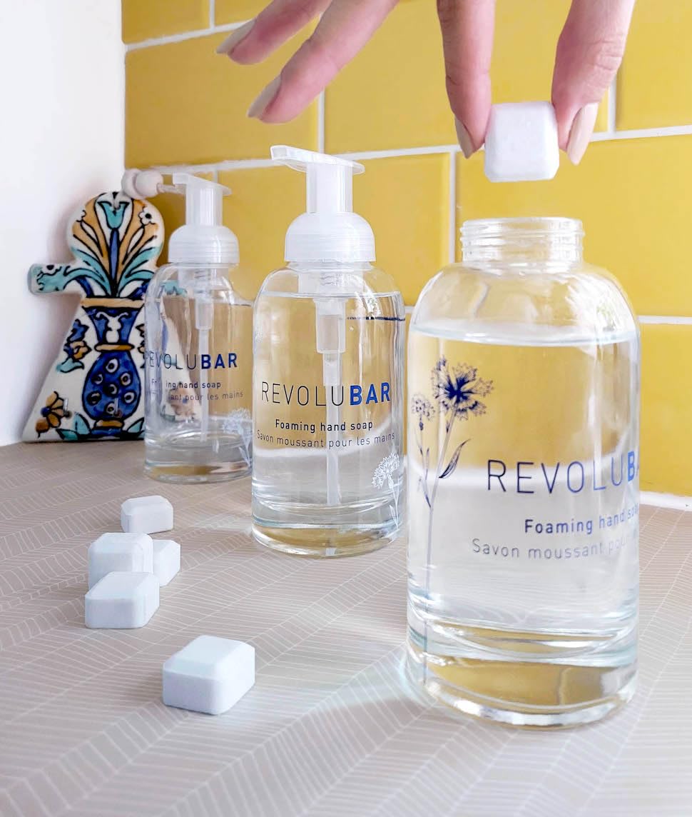 REVOLUBAR Modern Foaming Soap Dispenser - Eco-Friendly Glass Foam Hand Soap Pump - Refillable Dispenser for Soap Tablets, Liquid Soap, Shampoo, Body Wash - Perfect for Kitchen and Bathroom - 500ml