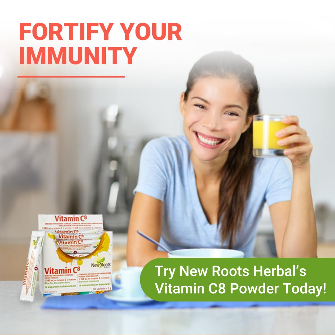 New Roots Herbal - Vitamine C8, 30 sachets pour 30 jours - Poudre à Boire Complexe Immunitaire Antioxydant - Source d'Électrolytes & Soutient la Fonction Musculaire - Moins Acide et pour les Défis Gastro-intestinaux