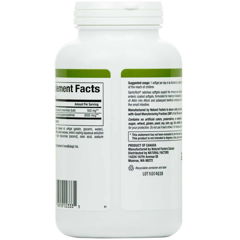 Natural Factors, Garlic Rich, Super Strength Garlic Concentrate, 500 mg, 180 Enteric Coated Softgels by Natural Factors