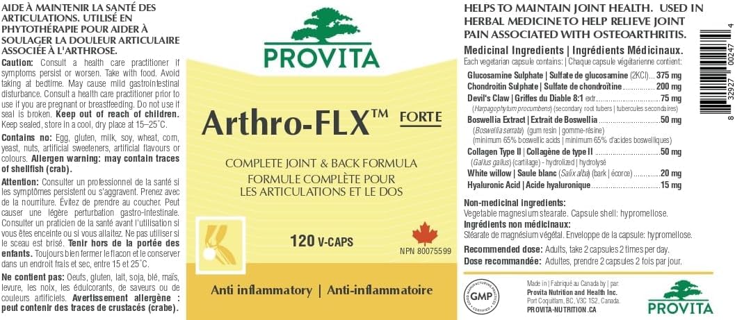 Provita Arthro-FLX Forte : Soutien optimal pour la santé des articulations - Soulage l'arthrose et les douleurs articulaires, améliore la mobilité (120 gélules)