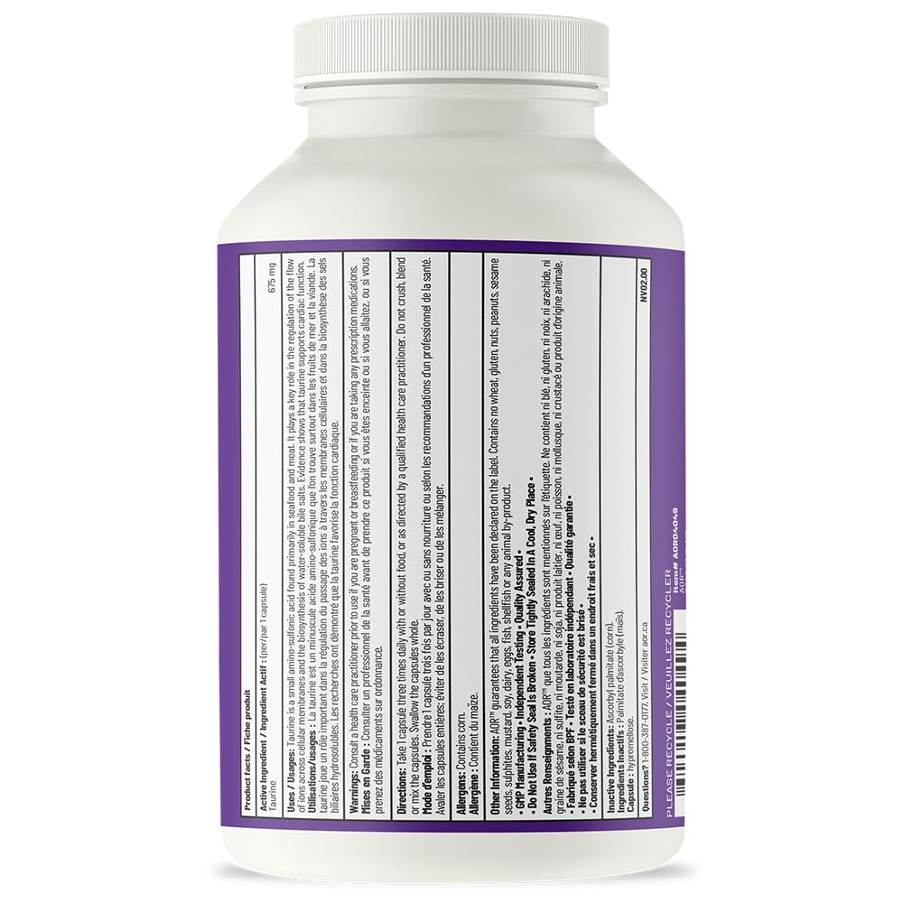 AOR Taurine Gélules 675mg, 270 Comprimés, Approvisionnement de 90 Jours, Supplément de Taurine Végétalienne Pure, Soutient la Fonction Cardiaque et Nerveuse, Sans OGM, Sans Gluten, Aide à Maintenir le Bien-être Général et le Soutien Cardiovasculaire
