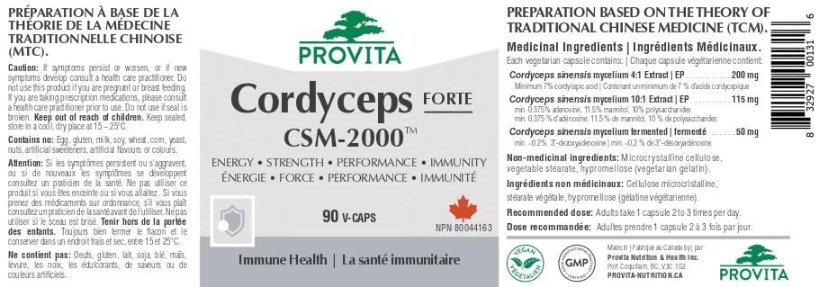 Cordyceps CSM-2000 - haute puissance - 90 gélules - Fabriqué au Canada par Provita