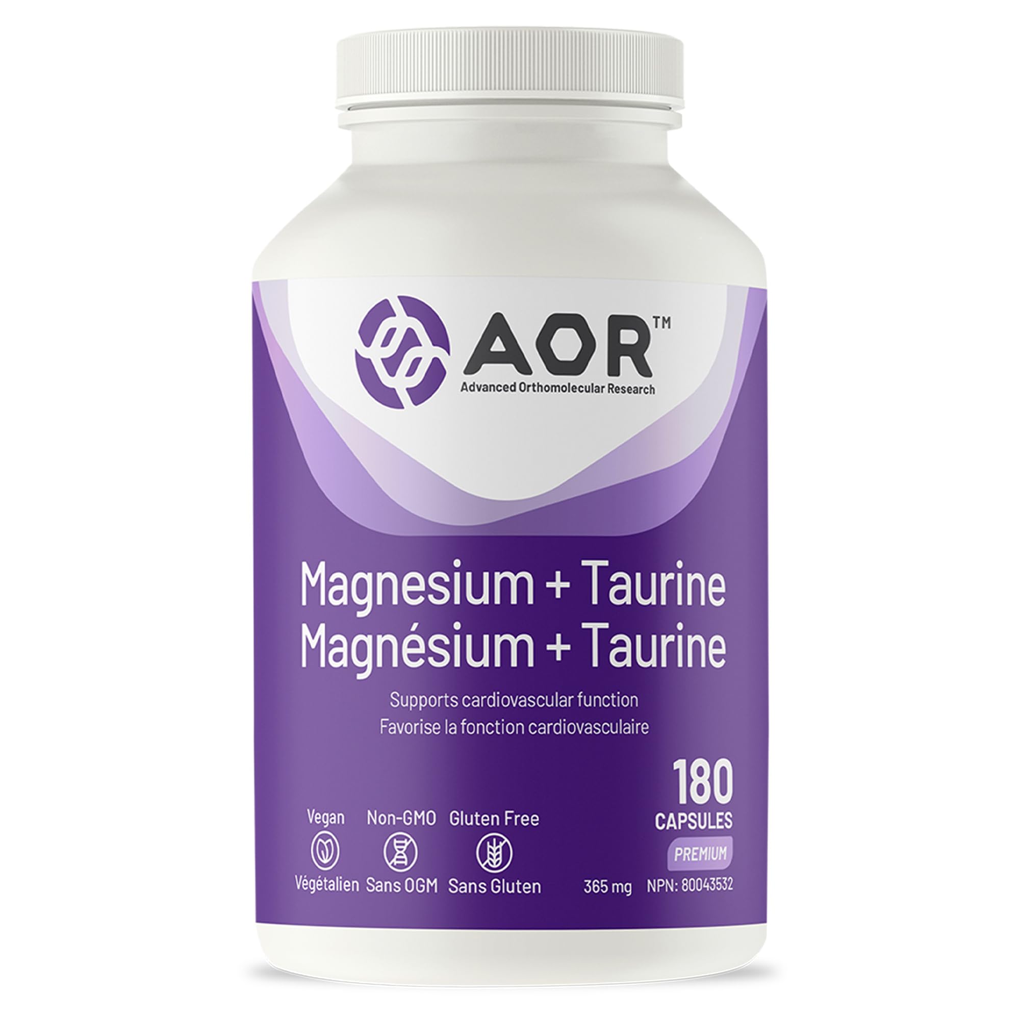 Gélules de magnésium + taurine AOR, 180 unités, pour 36 jours – Soutient la santé cardiaque, favorise des niveaux de calcium équilibrés et contribue à la solidité des os, des dents et à la fonction musculaire – Végétalien, sans OGM et sans gluten